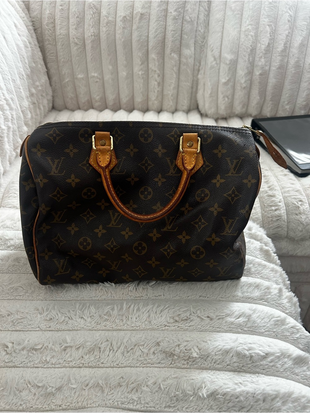 Louis Vuitton Brown Monogram Satchel with Tan Leather Handles